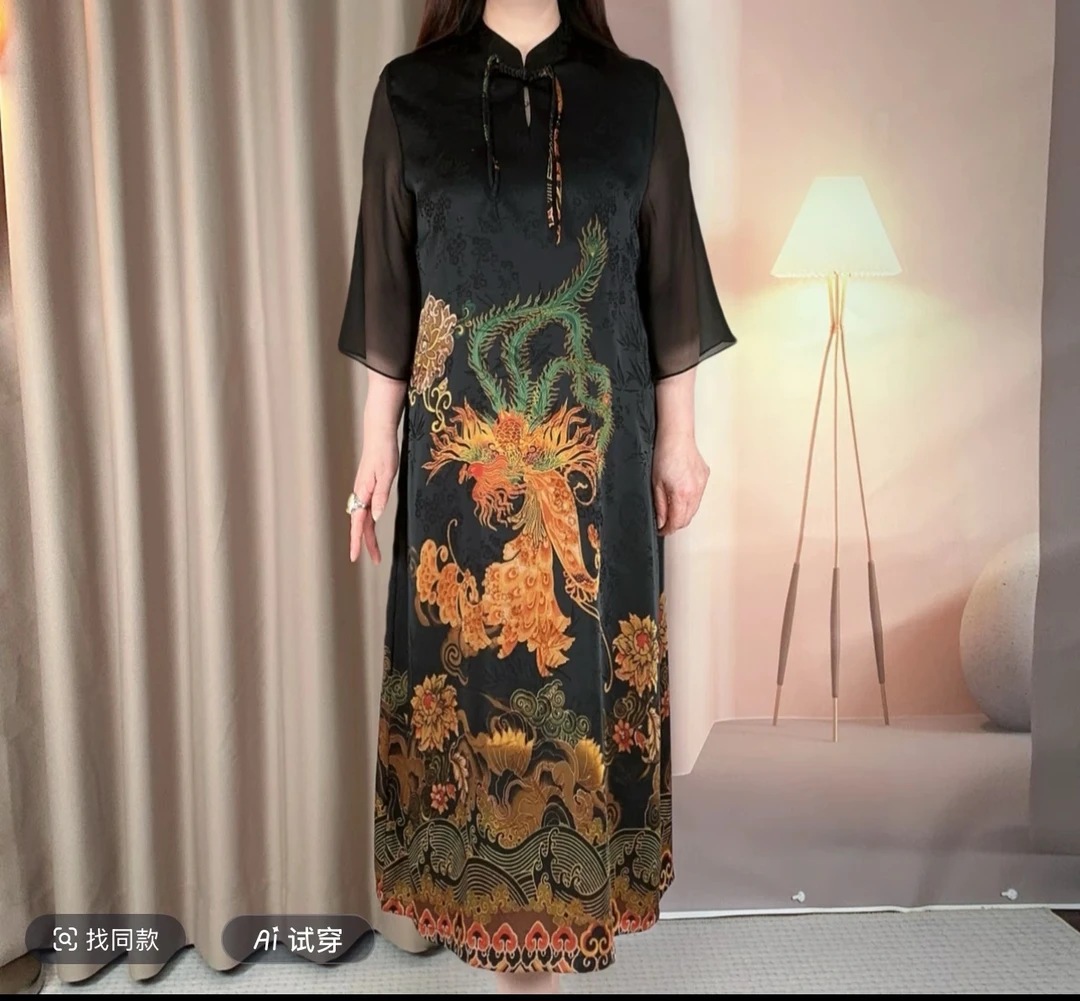 {凤凰牡丹-连衣裙}新款夏季新中式气质妈妈装连衣裙中长