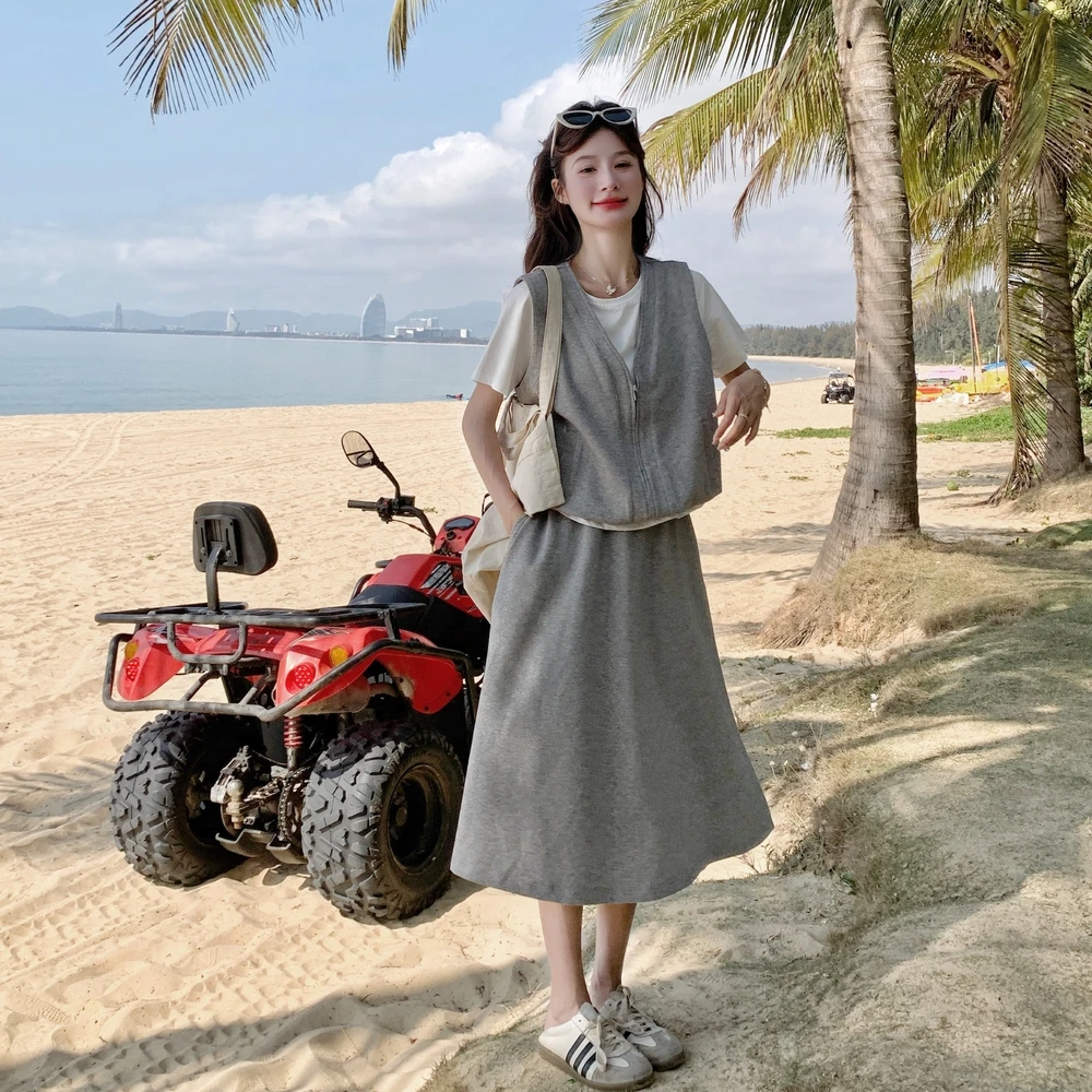 灰色休闲背心半身裙套装女2025夏季新款高级感宽松显瘦遮肉两件套
