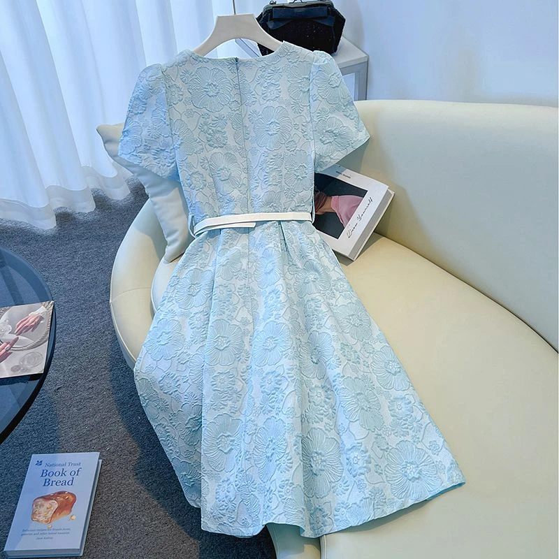 蓝色连衣裙2025新款女夏季轻奢高级感名媛气质小个子收腰短袖裙子