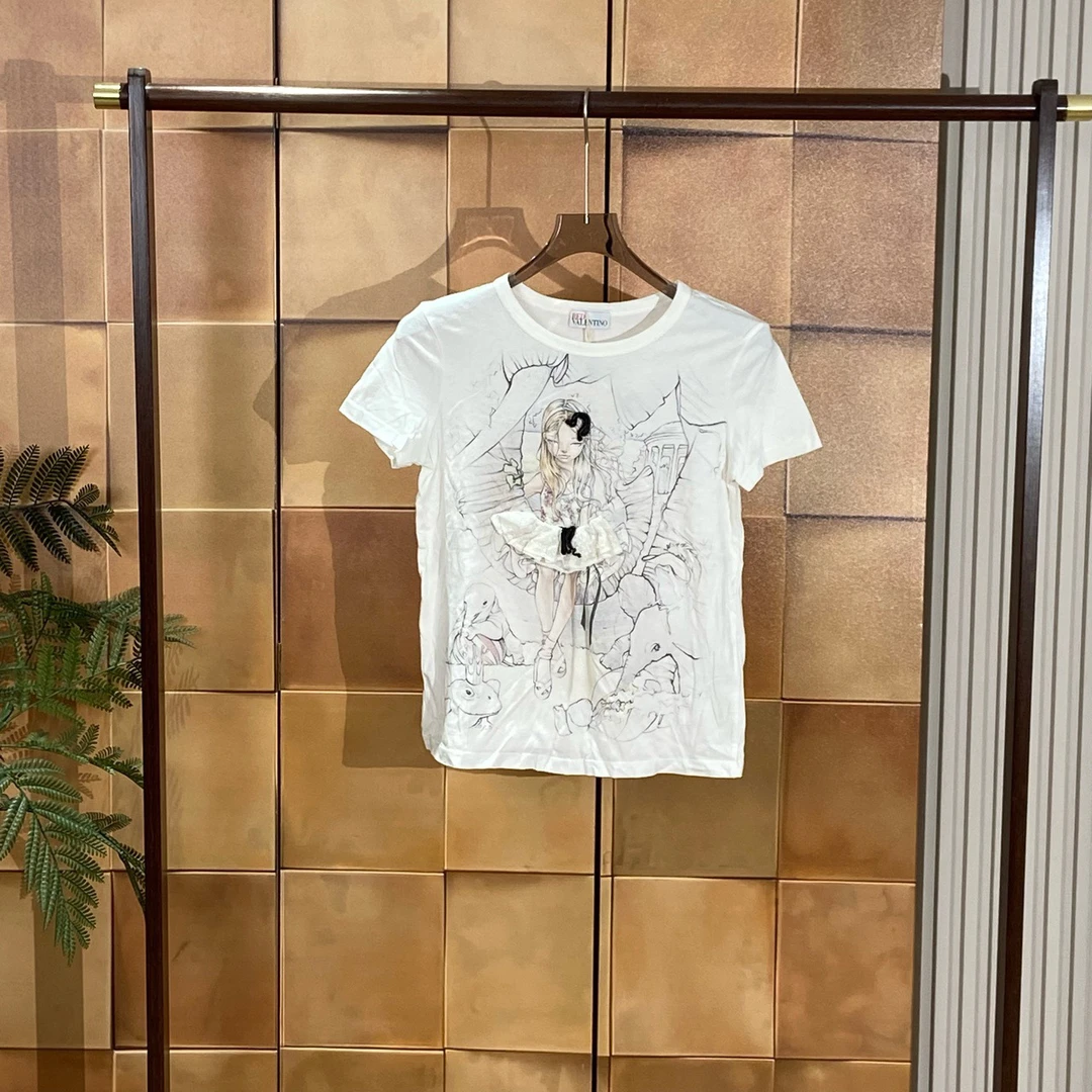 Valentino 白色芭蕾舞女孩动物漫画图案装饰短袖/M码/98新/28778