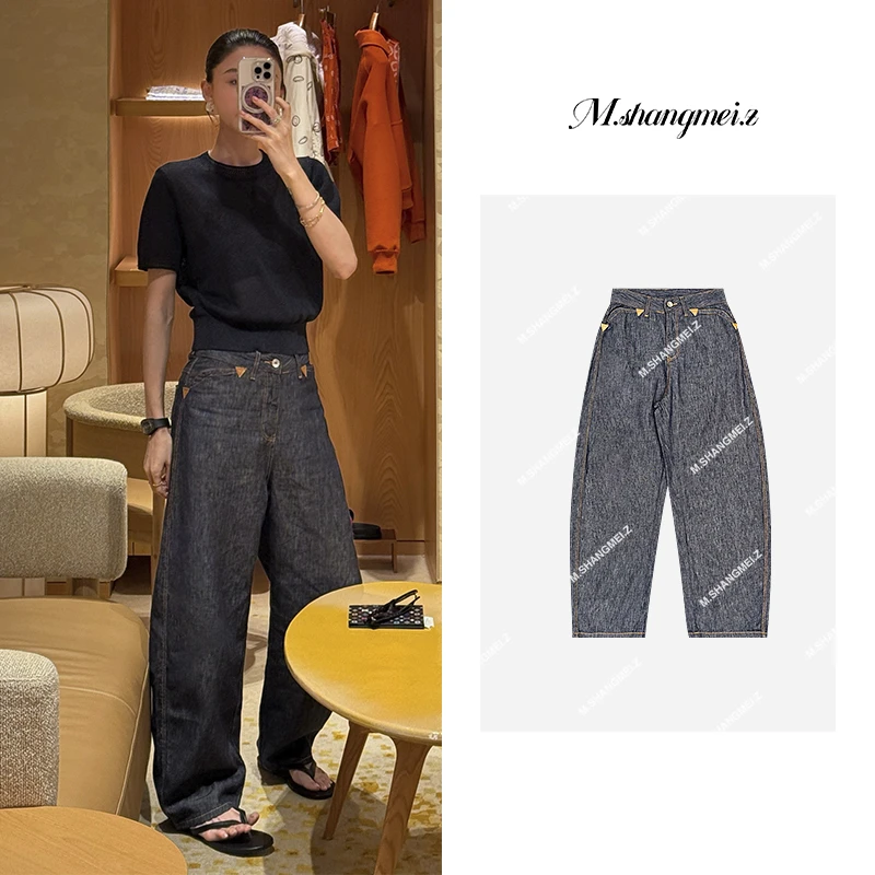 M.SHANGMEI.Z/沐熙【浮光弯刀裤】美大哥日系做旧深蓝牛仔裤X042279