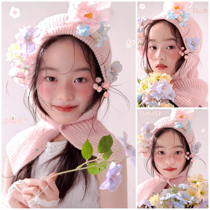 儿童摄影道具春天粉色帽子主题女孩影楼拍照花朵道具艺术写真照