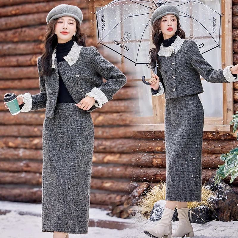 时尚通勤风休闲风静奢风时尚两件套装2025秋季新款女毛呢修身秋冬