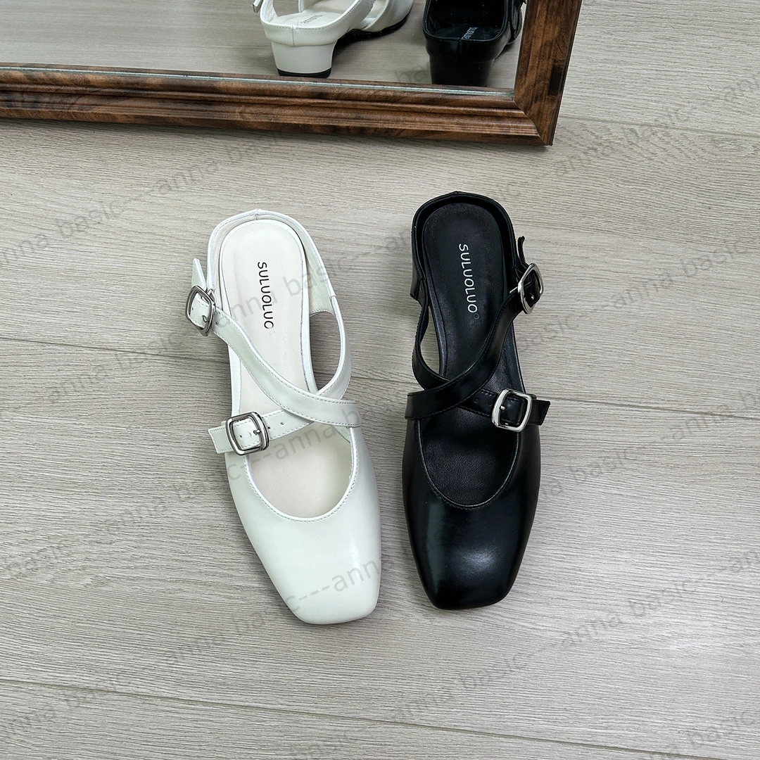 3cm/XW2102牛皮包头半拖鞋女外穿方头粗跟夏季交叉扣带凉拖鞋低跟
