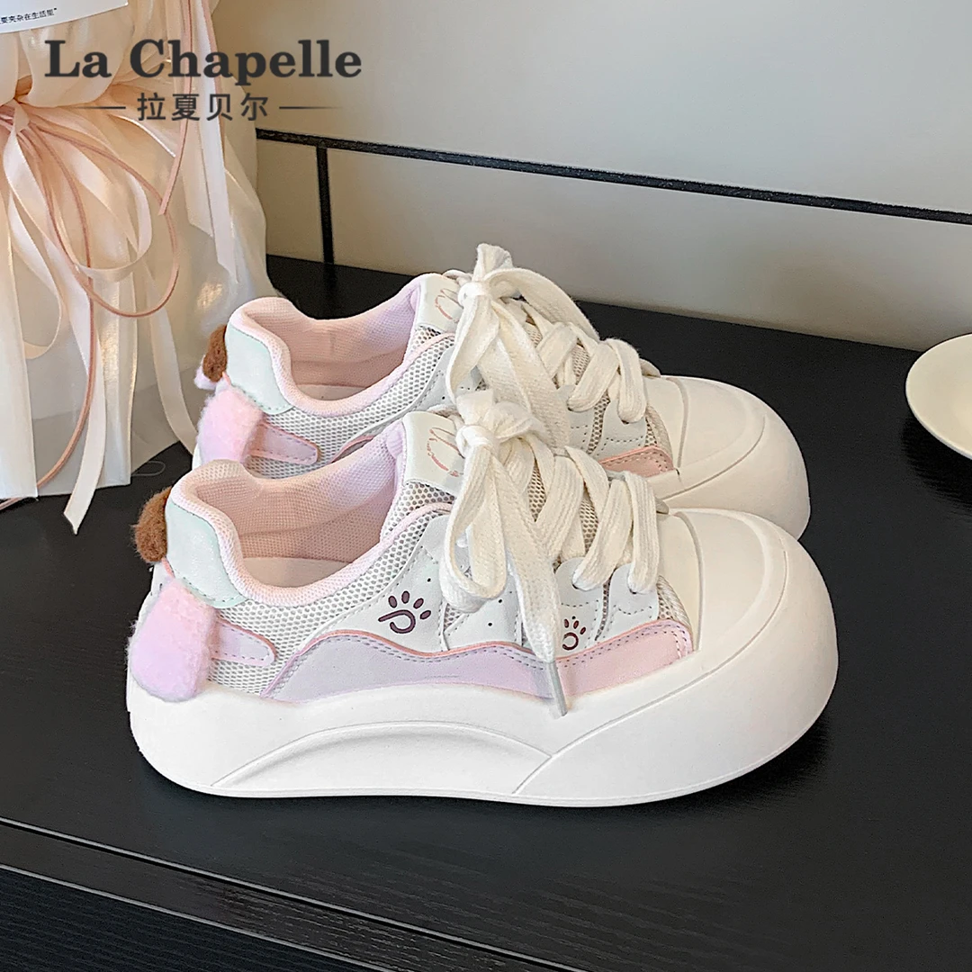 拉夏贝尔网面小白鞋女鞋2025新款冬季透气休闲厚底面包鞋百搭板鞋