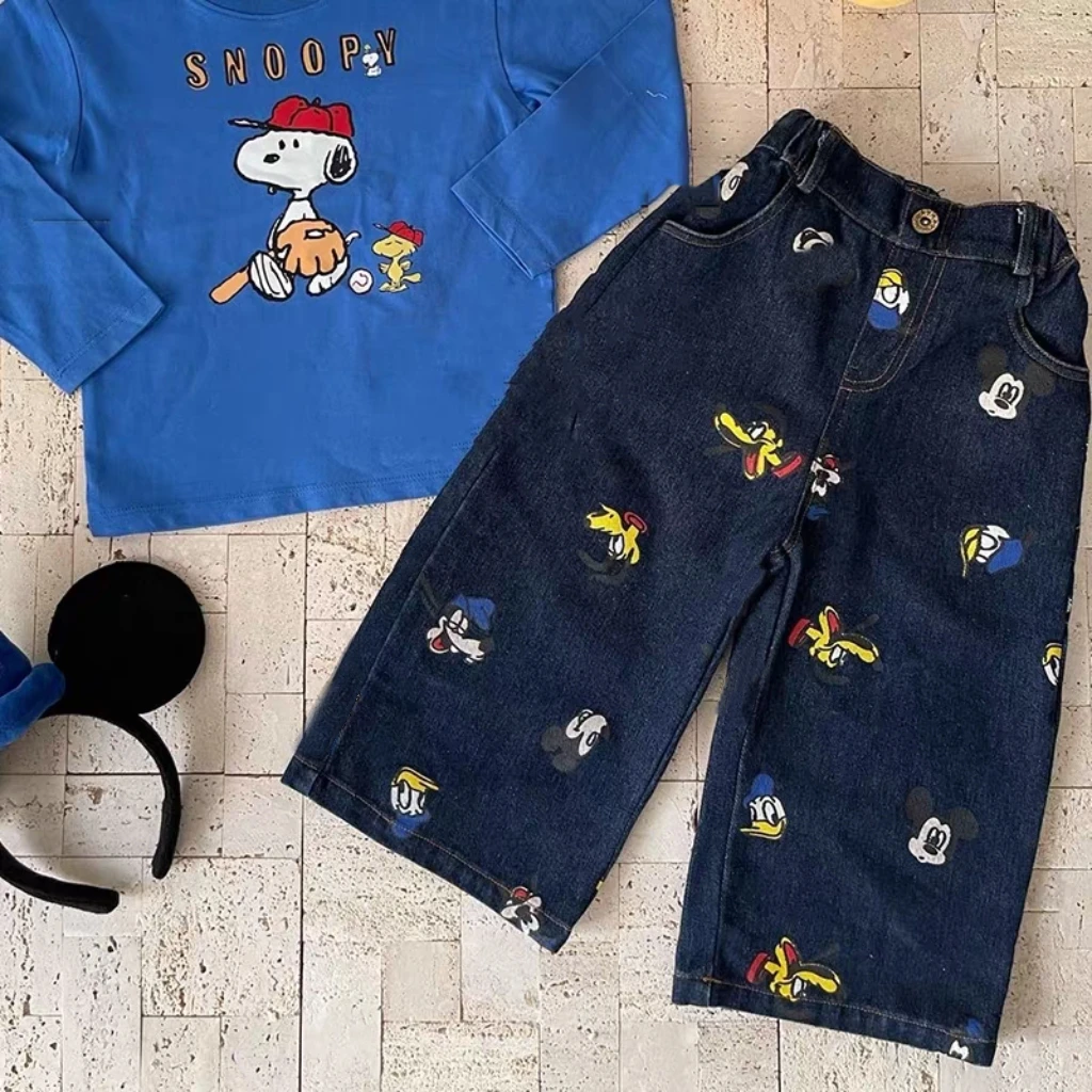 儿童秋季牛仔裤套装卡通米奇直筒裤深蓝色史努比T恤两件套中小童