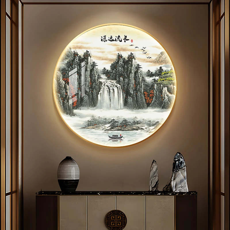 流水生财入户玄关装饰画新中式走廊过道挂画客厅茶室山水圆形挂画