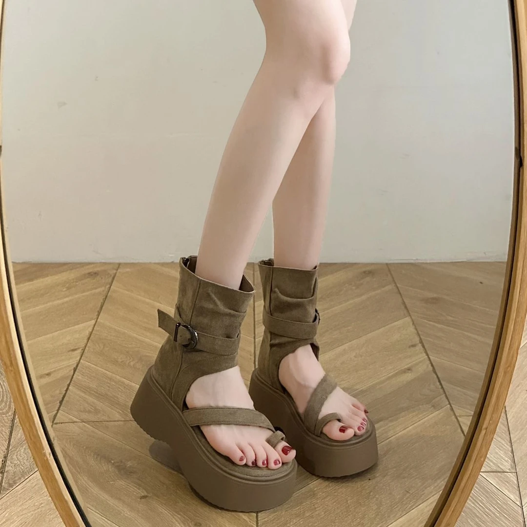 【简约时尚】复古厚底罗马凉靴女2025夏季新款时尚套趾夹趾凉鞋增高