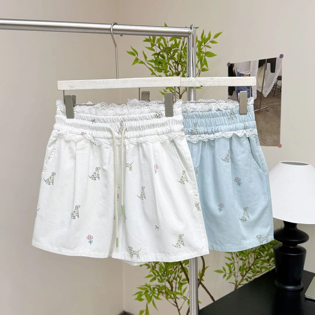 小雅姐姐  韩系甜美蕾丝拼接印花小狗抽绳休闲短裤IS84