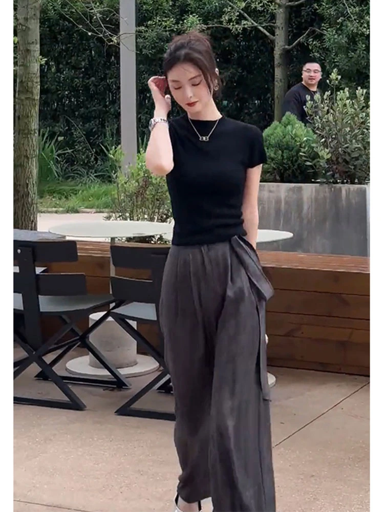 炸街短袖黑色t恤上衣搭配通勤西裤小个子休闲套装女2025新款夏季