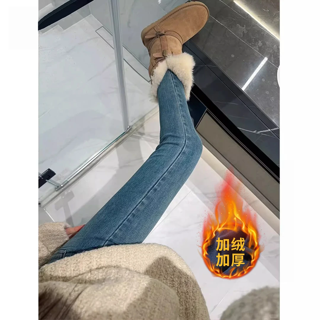 微胖mm复古蓝弹力紧身加绒牛仔裤女秋冬新款高腰显瘦铅笔小脚裤子