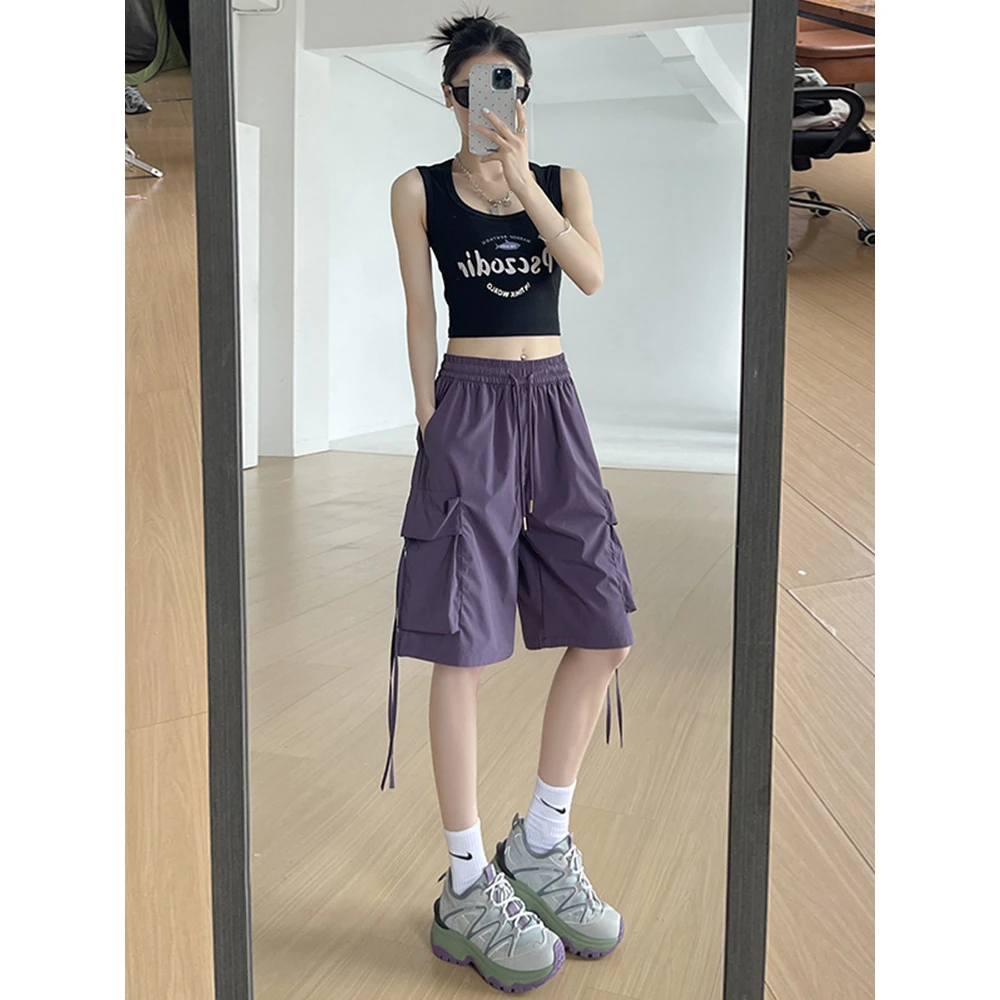 紫色工装短裤女夏季薄款高腰休闲阔腿速干运动美式五分裤子