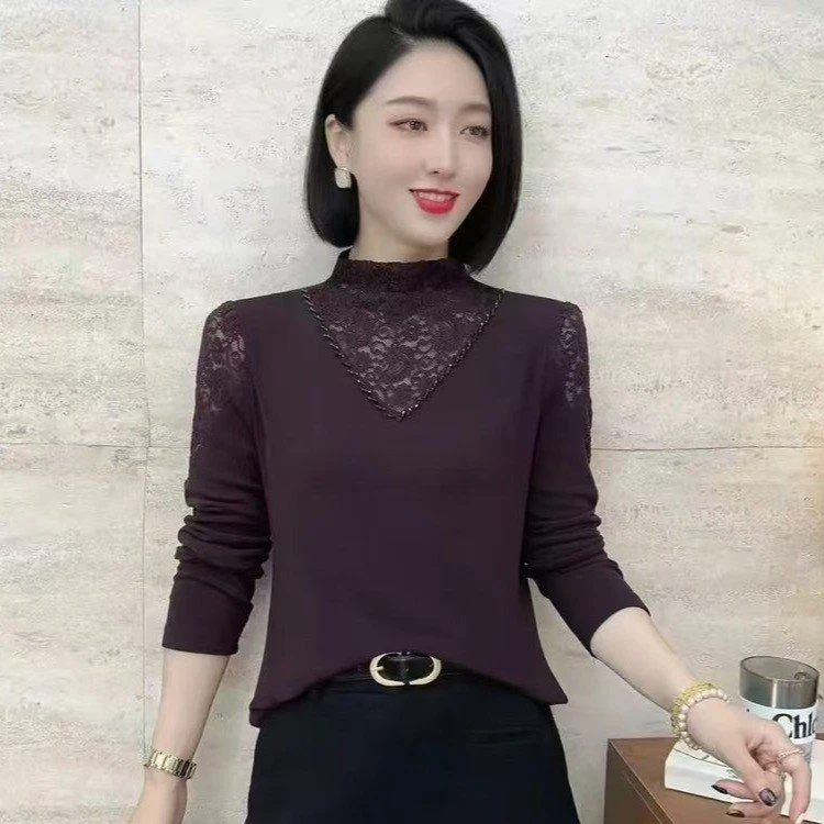 2025新品法式蕾丝领钉珠拼接洋气小衫时尚气质显瘦打底衫