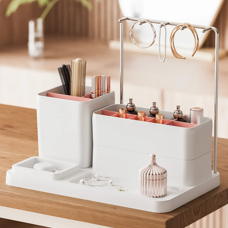 多功能化妆品收纳盒带金属挂架桌面收纳盒化妆刷笔筒分格置物架子