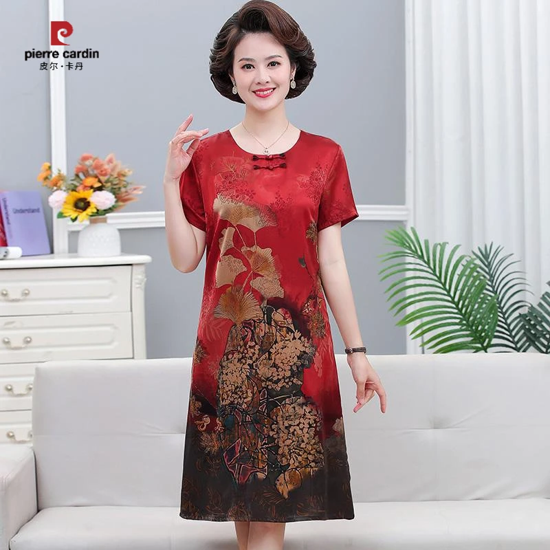 皮尔卡丹2025新款妈妈夏装仿香云纱连衣裙中老年夏季女阔太太气质