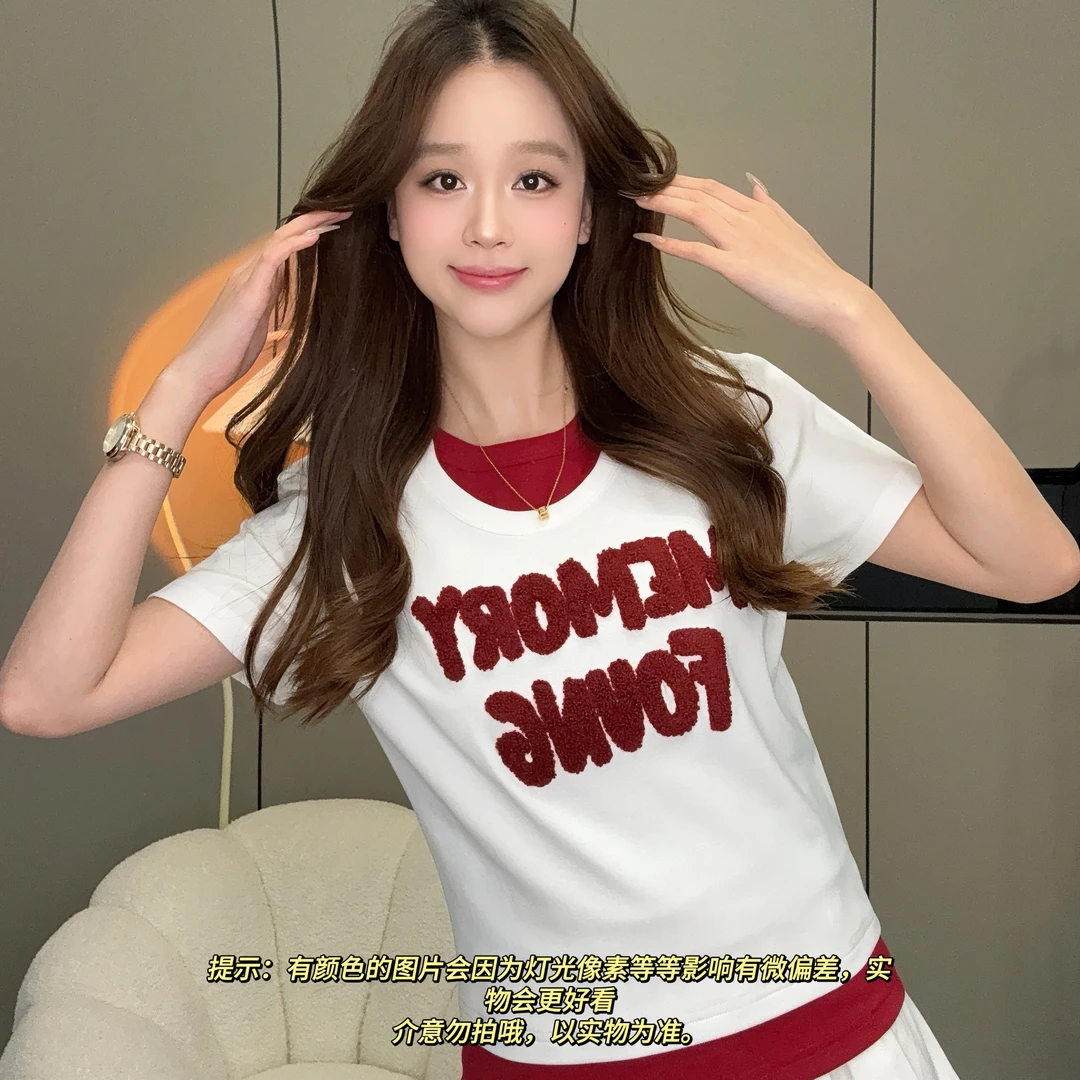芈芈2025早春新款假两件毛巾绣短袖T恤女时尚修身显瘦上衣2311#