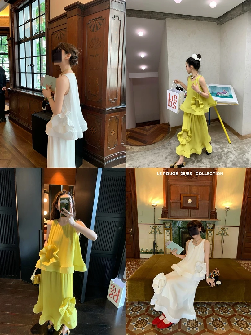 le rouge周美美【16号晚8点新品】镂空立体花造型感背心半裙套装