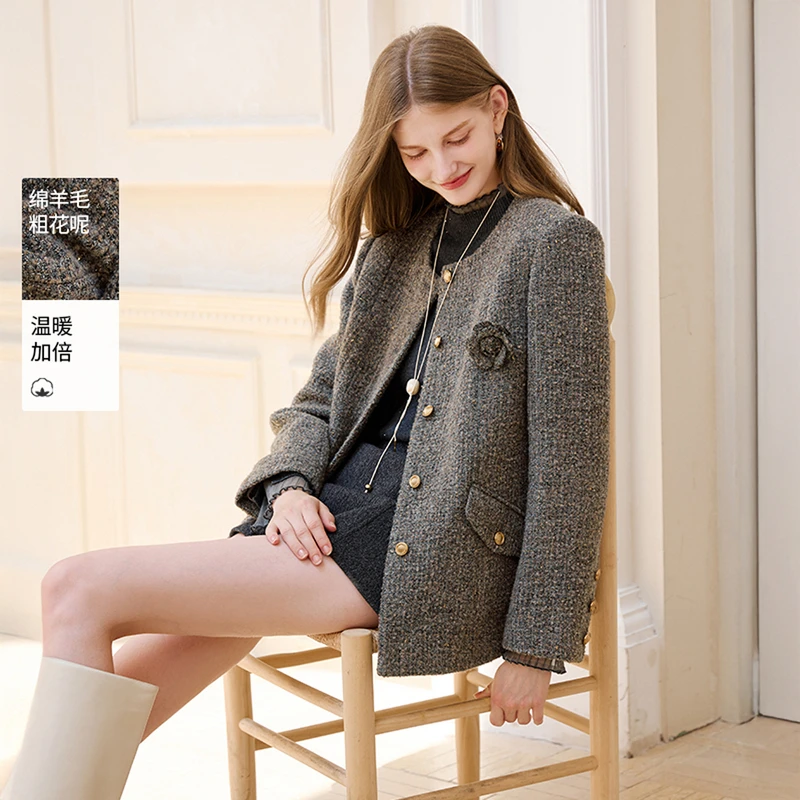 【丽公主专属】F85W014短外套 香影灰色小香风外套女冬季新款含羊毛