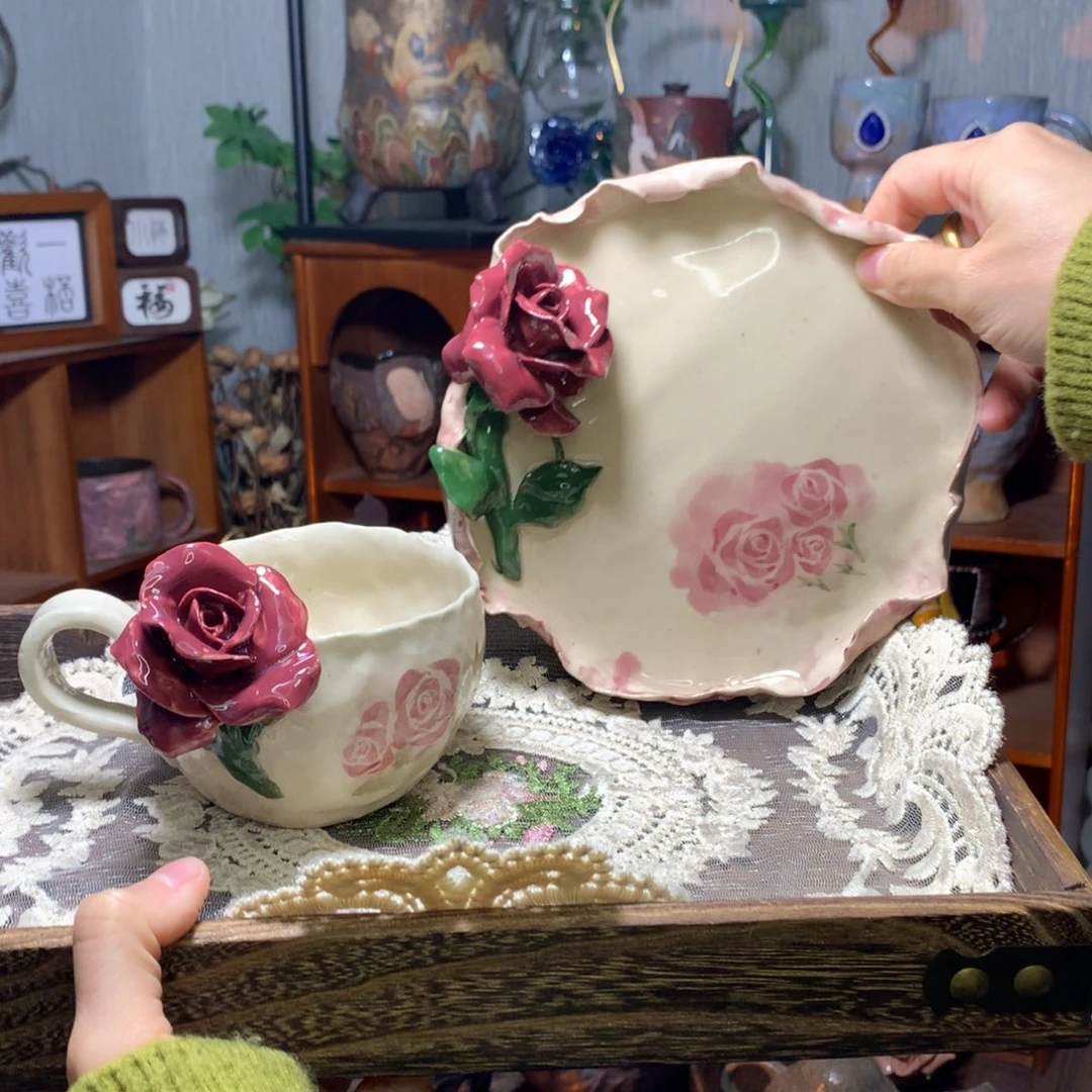 陶｜微瑕｜怀旧玫瑰杯碟（易碎不退换）
