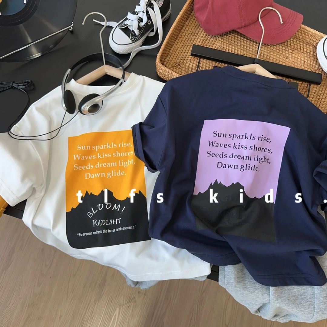 童例「25162拼色字母短T恤」春夏纯棉休闲亲肤男童女童百搭短袖圆领