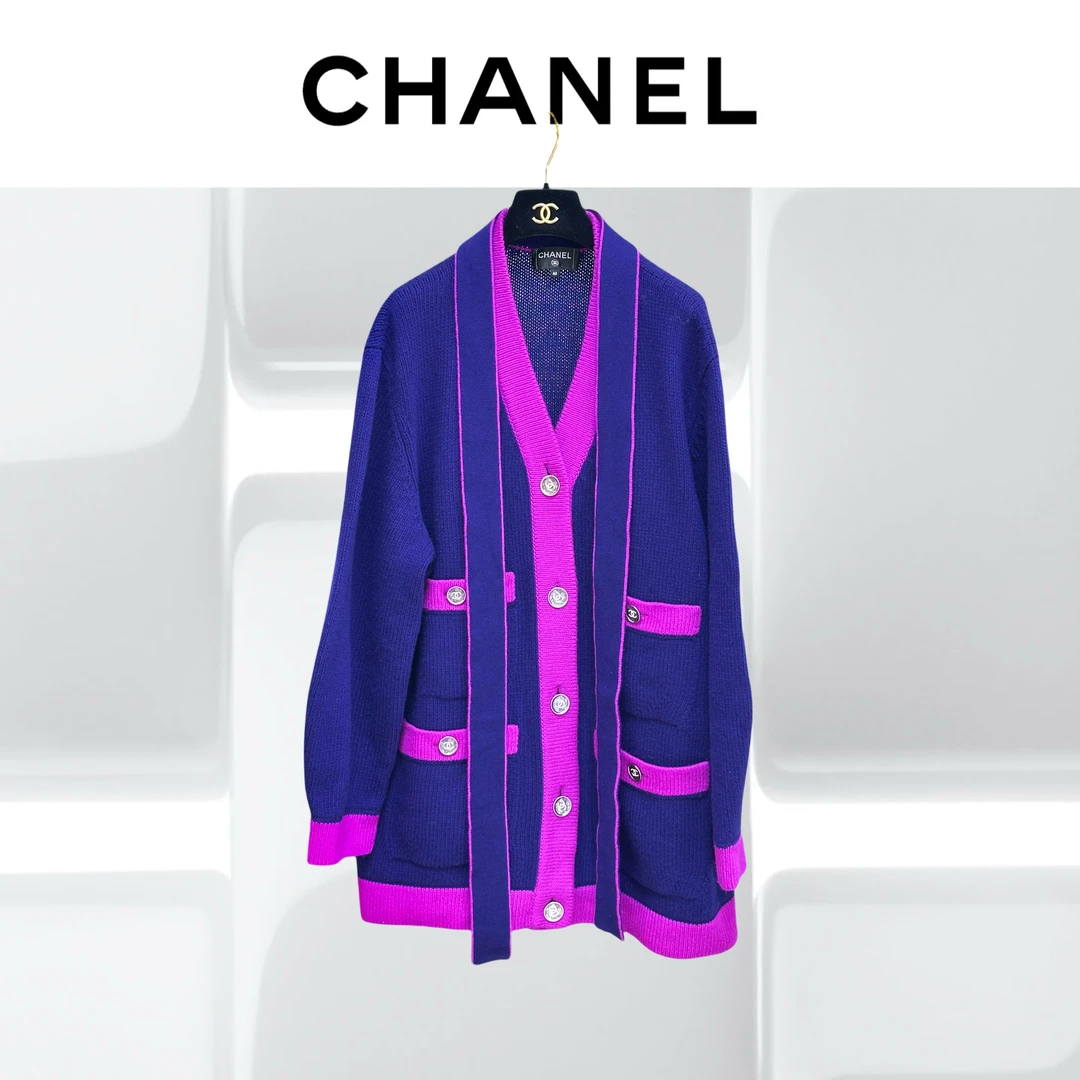 99新 Chanel/香奈儿 40码23B蓝色拼紫色四口袋长款针织开衫