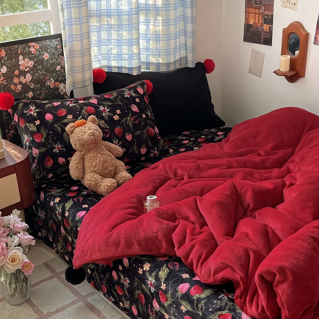 毛毛球ins风小清新牛奶绒四件套加绒加厚双面绒牛奶绒四件套