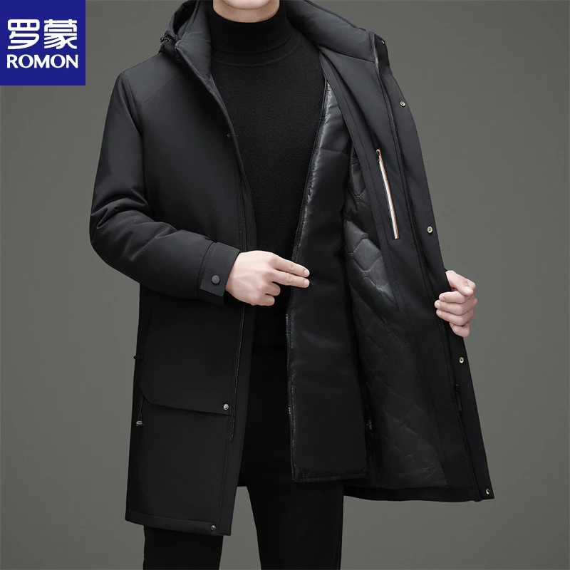 罗蒙冬季活里活面羽绒服男士长款过膝加厚可拆卸内胆保暖外套商务