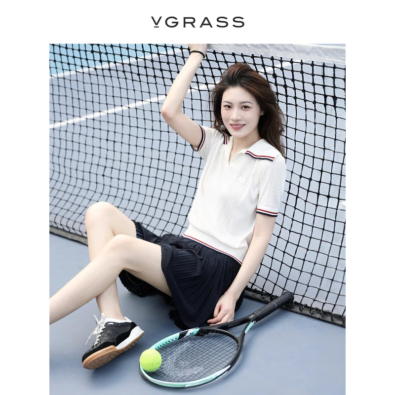 VGRASS移针挑孔工艺针织衫夏季新款圈圈撞色边短袖上衣VZZ3P2112C