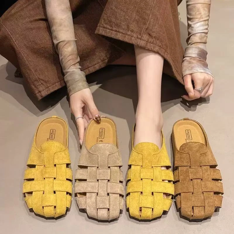 SAGGYKK/闪瑶复古编织包头拖鞋新款外穿一脚蹬懒人罗马休闲勃肯鞋
