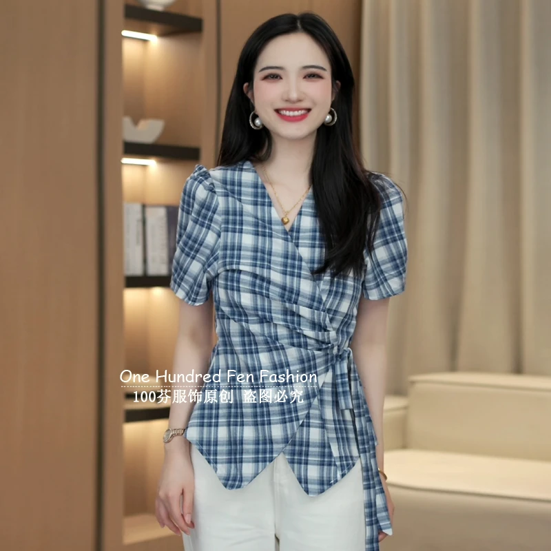 2025夏季新款法式V领短袖格子衬衫侧腰系带设计百搭显瘦遮肉上衣