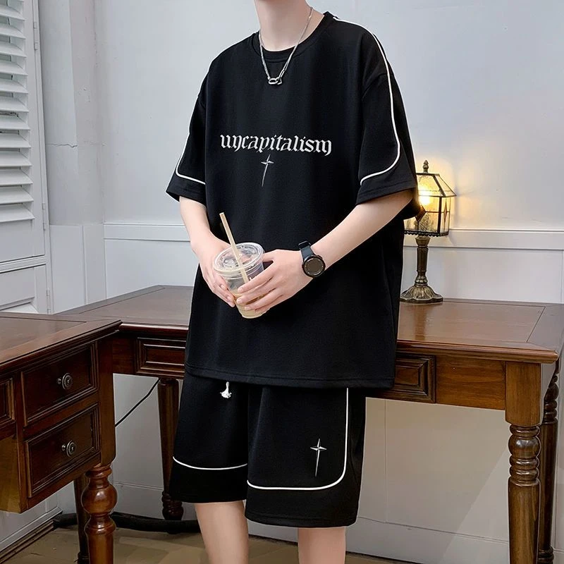 一整套】夏季短袖t恤休闲运动套装男士胖哥大码短裤子新款上衣服