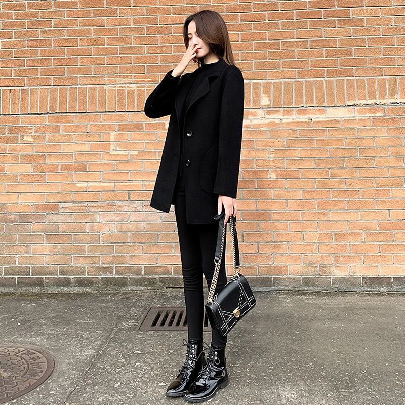 黑色短款双面羊毛呢子大衣女秋装新款小个子修身显瘦毛呢外套通勤