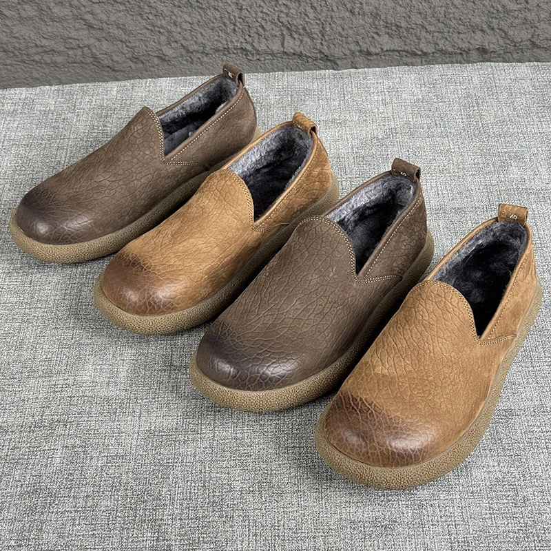 宽头乐福鞋男2025新款秋冬加绒保暖休闲皮鞋头层牛皮男士舒适棉鞋