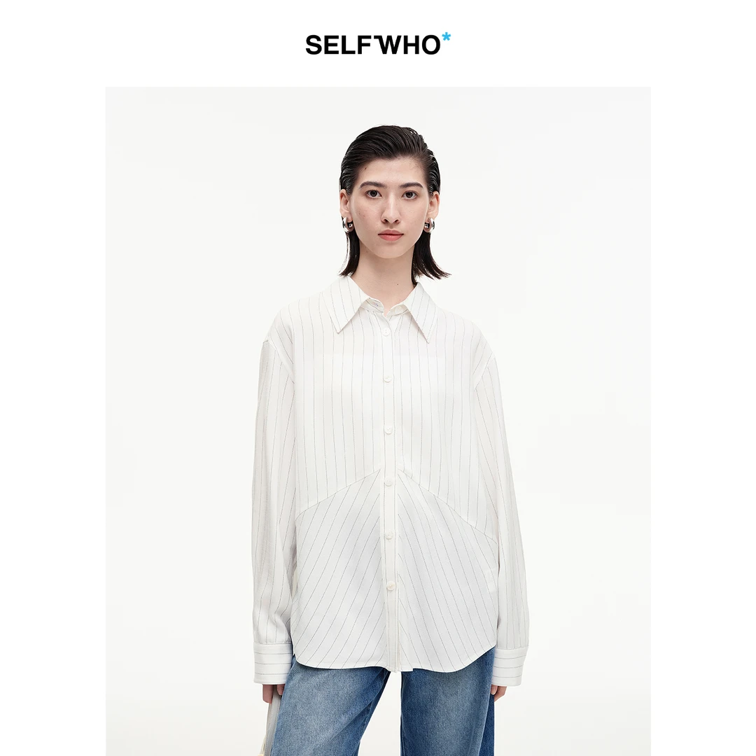 SELFWHO醋酯混纺不规则拼接条纹衬衫女2025秋季新款翻领宽松上衣