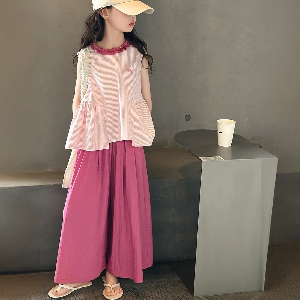 女童夏装无袖套装2025新款中大童夏季韩系上衣儿童阔腿裤两件套