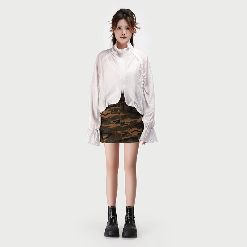 JY4WTC54041春季新款纯色时尚设计感荷叶袖短款开衫外套女