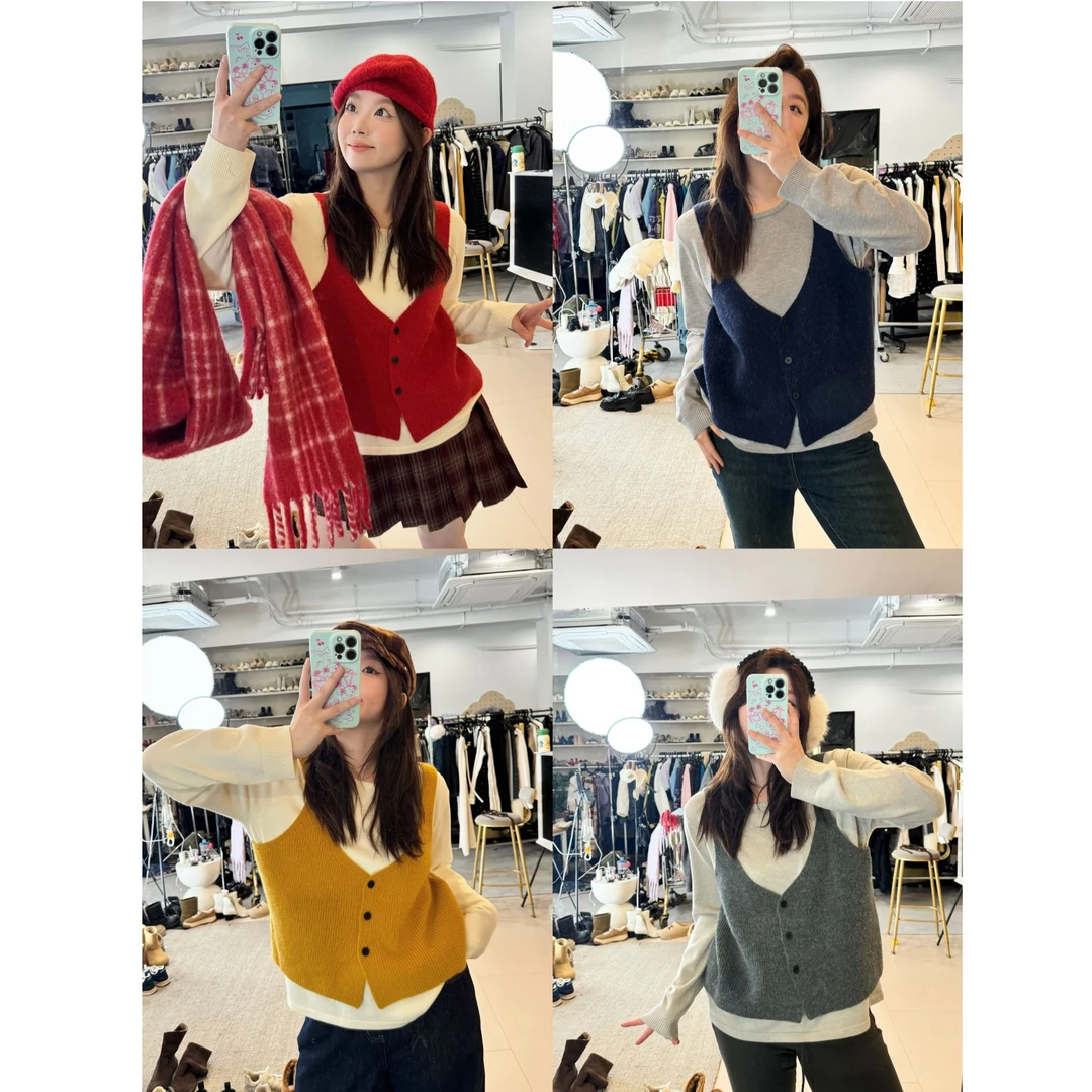 晶咕【叠叠乐！】假两件圆领针织+马甲撞色拼接宽松针织套头毛衣