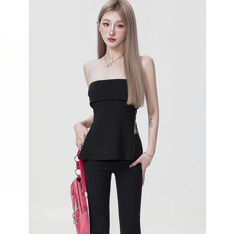 黑色一字肩上衣抹胸女夏修身辣妹吊带背心设计感韩