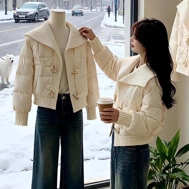 卡莲格/小个子气质大翻领棉服外套女冬季新款设计感针织拼接棉衣