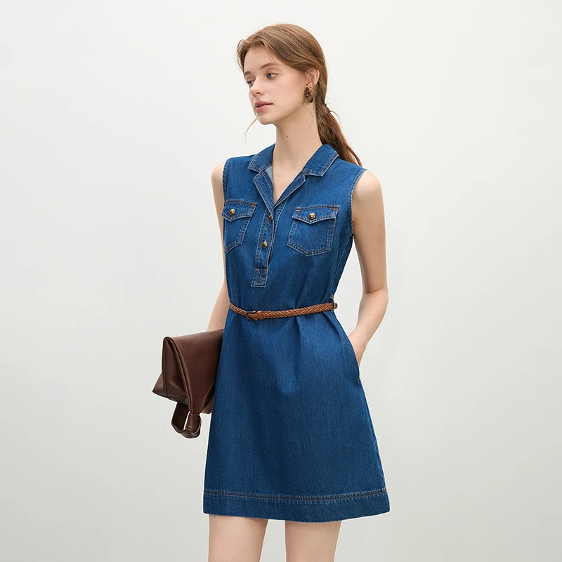 范思蓝恩无袖牛仔背心夏2025新款直身衬衫领短连衣裙25FS12275