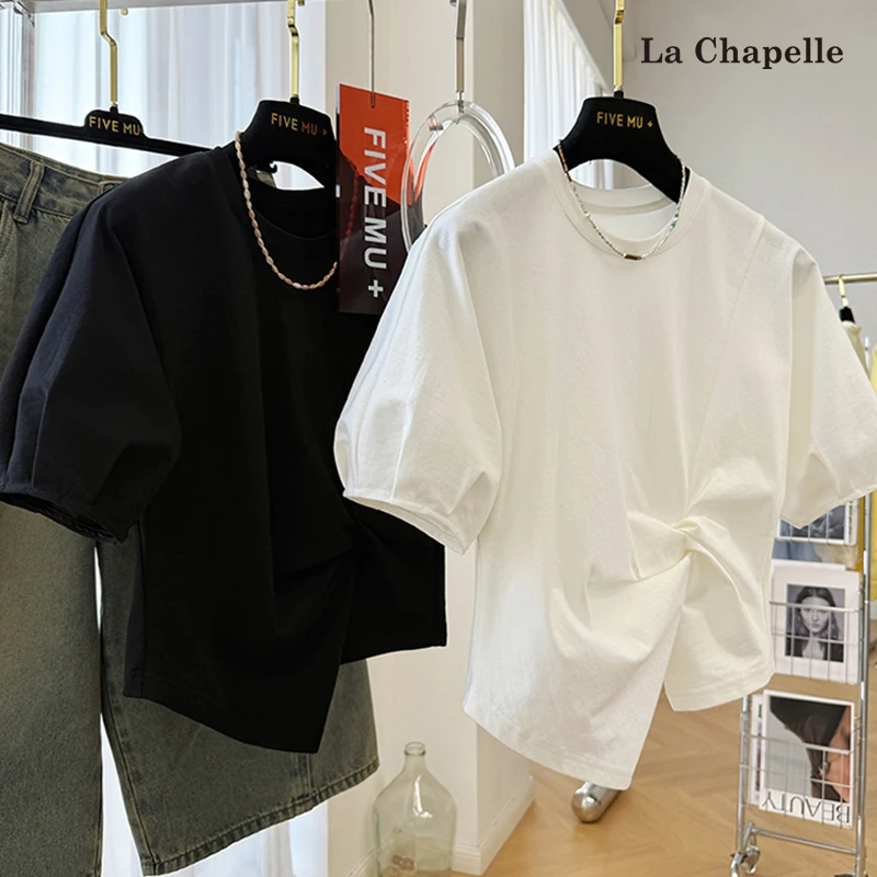 拉夏贝尔圆领短袖T恤女2025设计感扭结开叉不规则短款修身上衣