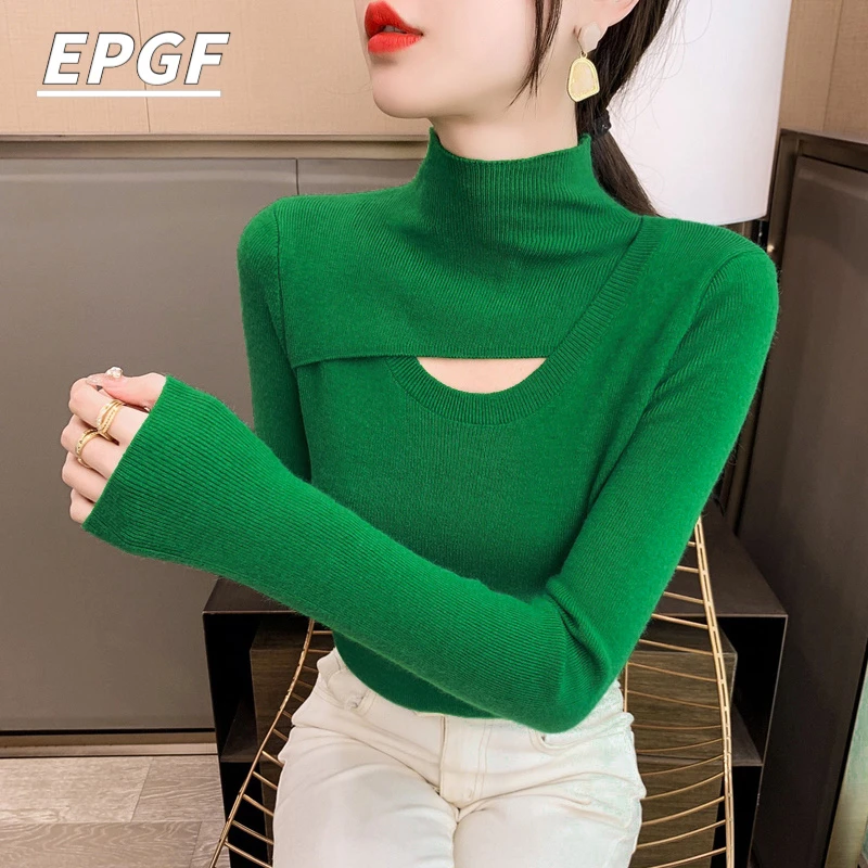 EPGF半高领镂空打底衫女秋冬内搭绿色毛衣洋气2025新款修身针织衫