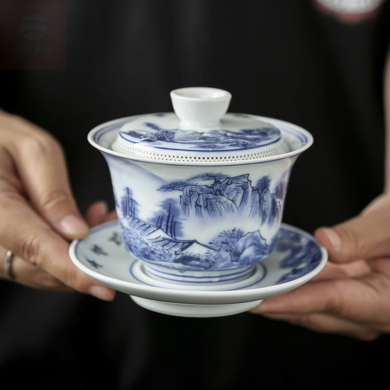 复古青花瓷盖碗三才盖碗羊脂玉白瓷创意千孔盖茶漏泡茶碗禅意简约