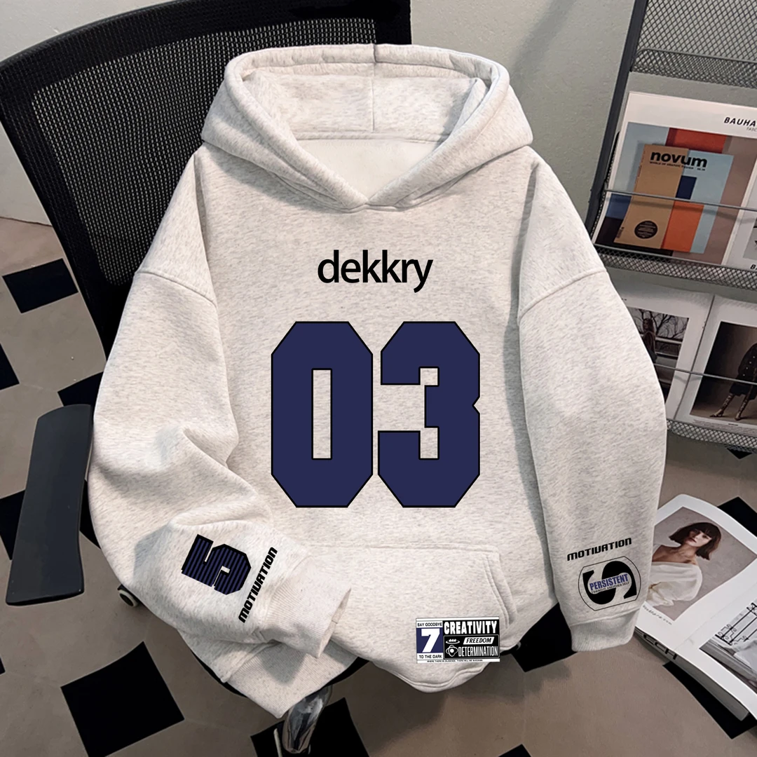 美式个性数字袖子印花秋冬白灰色卫衣慵懒感男女连帽套头休闲上衣