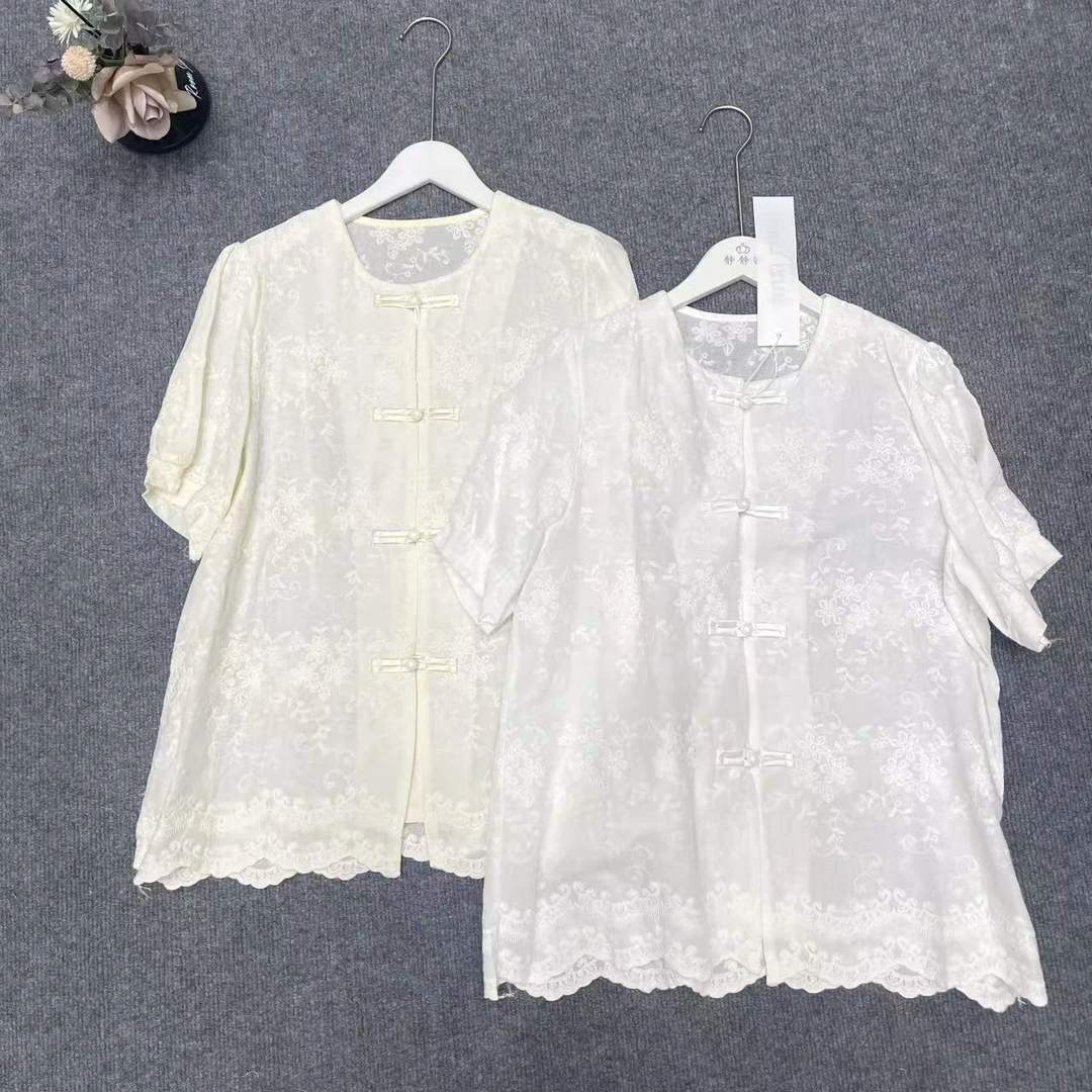 新中式复古国风盘扣绣花蕾丝短袖衬衫女装宽松洋气镂空上衣