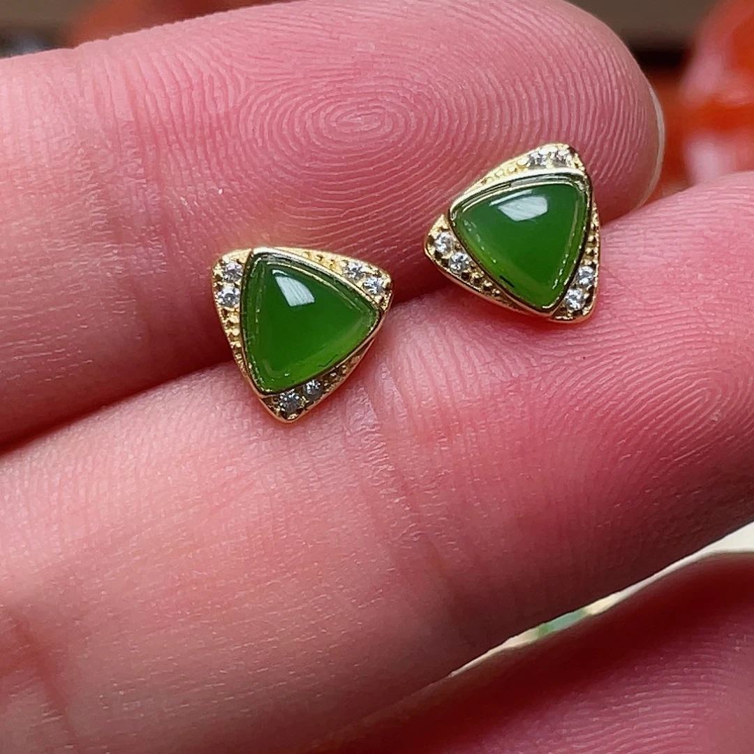 和田玉耳钉银S925镶嵌