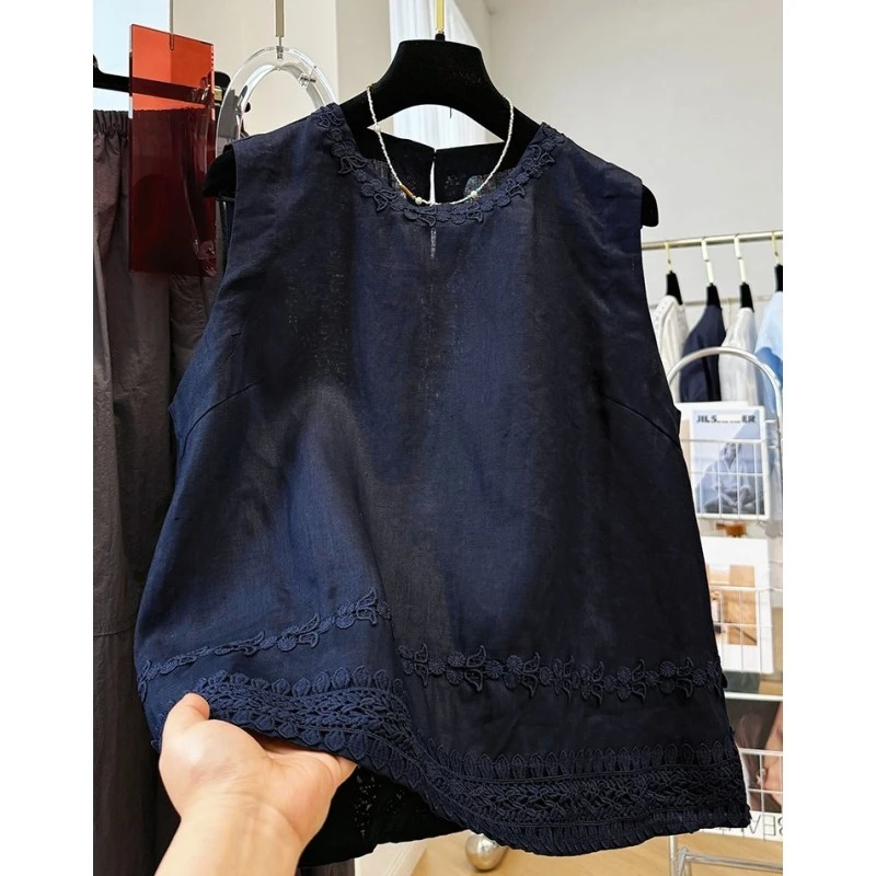 00407韩系高级感轻奢蕾丝花边刺绣无袖亚麻小衫女夏外穿马甲上衣