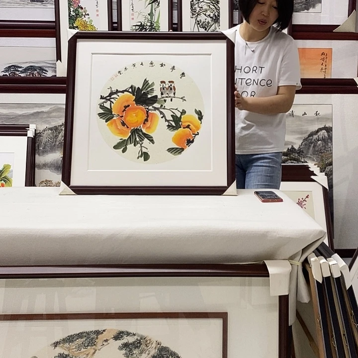 国画手绘带框发货65×65