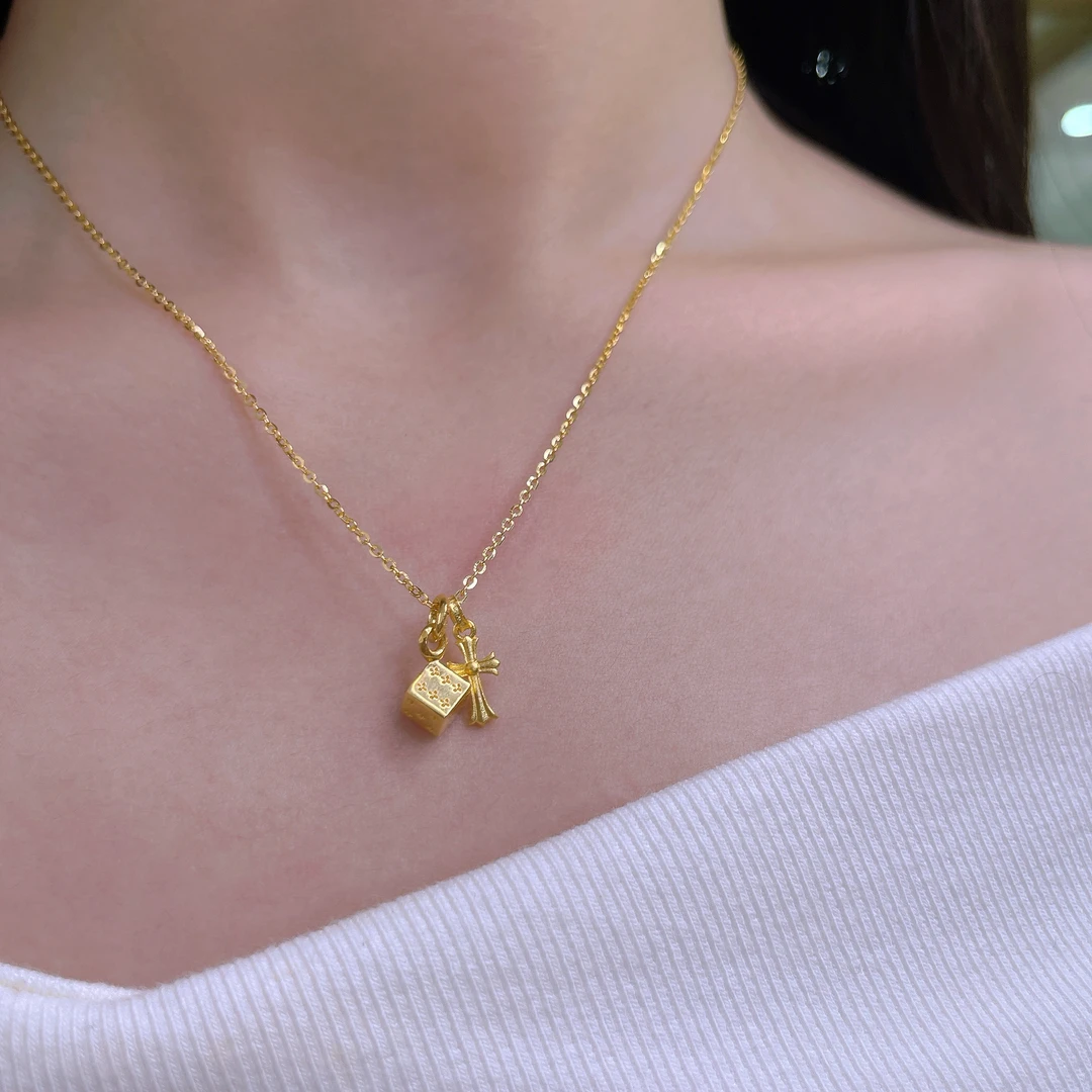 5G工艺足金999精致百搭方块十字架套链