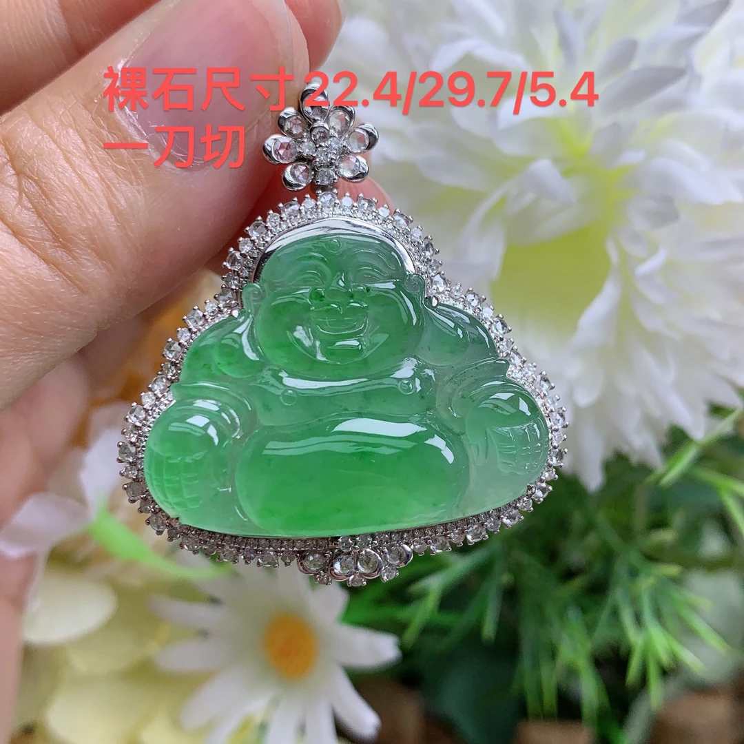 缅甸天然翡翠A货玉石18k一刀高冰阳绿佛公吊坠黄尺寸38.9/35/13.2